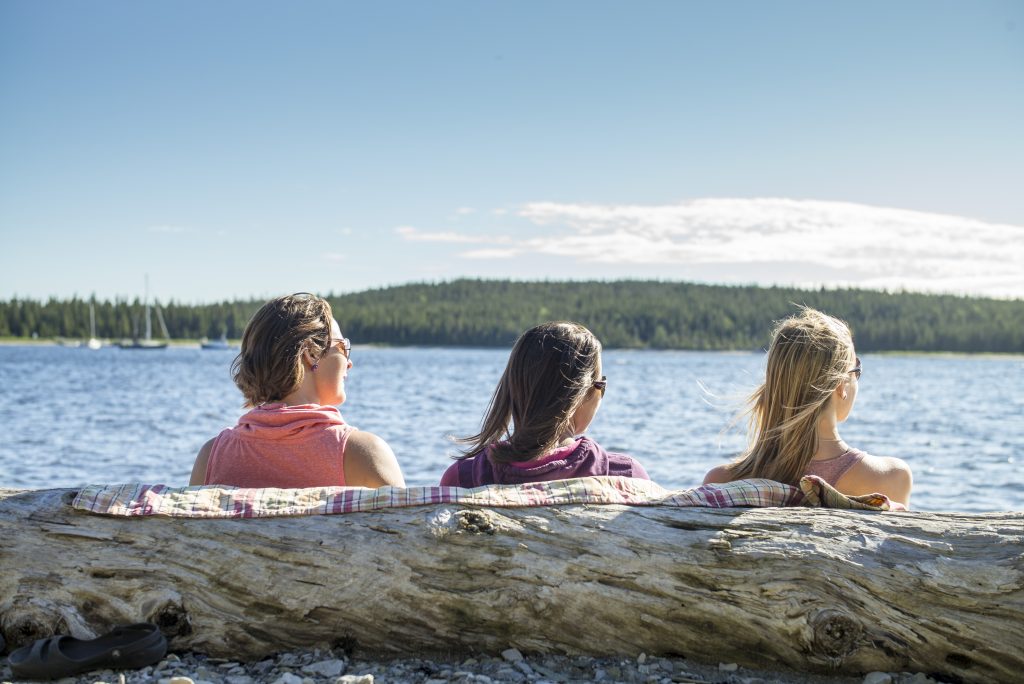 Un groupe d’amies admirent le paysage de calcaire de l’Île Quarry, appuyées sur un tronc d’arbre échoué sur le littoral. Réserve de parc national de l’Archipel-de-Mingan / A group of friends admiring the limestone landscape of Île Quarry, propped up by a tree trunk washed up on shore. Mingan Archipelago National Park Reserve