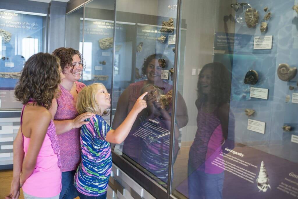 Des visiteurs observent les fossiles dans l’exposition au centre d’accueil de Havre-Saint-Pierre. Réserve de parc national de l’Archipel-de-Mingan / Visitors looking at fossils on exhibit at the Havre-Saint-Pierre reception and interpretation centre. Mingan Archipelago National Park Reserve