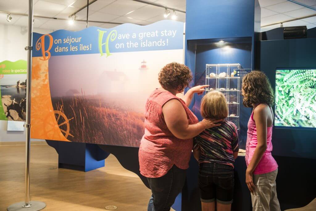 Des visiteurs découvrent des coquillages dans l’exposition au centre d’accueil de Havre-Saint-Pierre. Réserve de parc national de l’Archipel-de-Mingan / Visitors discovering some of the shells on exhibit at the Havre-Saint-Pierre reception and interpretation centre. Mingan Archipelago National Park Reserve